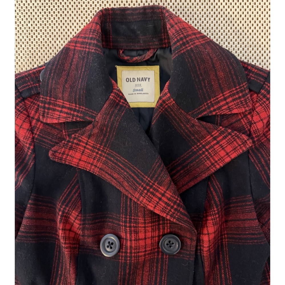 Old Navy Womens Wool Blend Preppy Tartan Plaid Double Breasted Peacoat Small